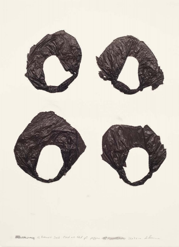 "12 Februari, plast och tråd", plastic and thread on paper, 52x72 cm/22x30 inch, 2012