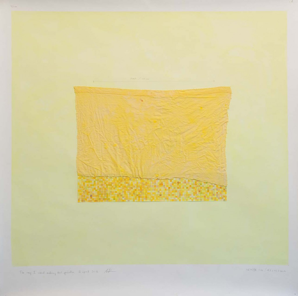 "Yellow investigation 01", watercolor, collage and fabric on paper, 106 x 113 cm /41,7 x44,5 inch