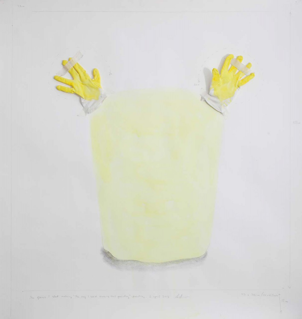 "Yellow investigation 02", fabric gloves and watercolor on paper, 106 x113 cm /41,7 x44,5 inch